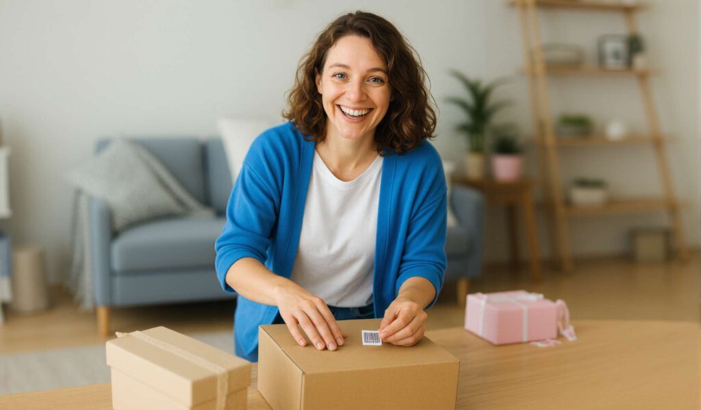 Happy DarwynnShipper customer labeling a package for shipment at home, showcasing efficient small business logistics with multiple carrier options.