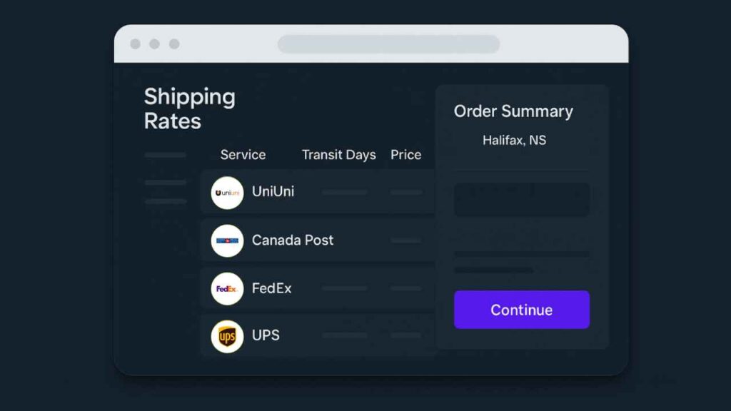 DarwynnShipper interface showing shipping options from UniUni, Canada Post, FedEx, and UPS, designed for fast and transparent rate comparison.