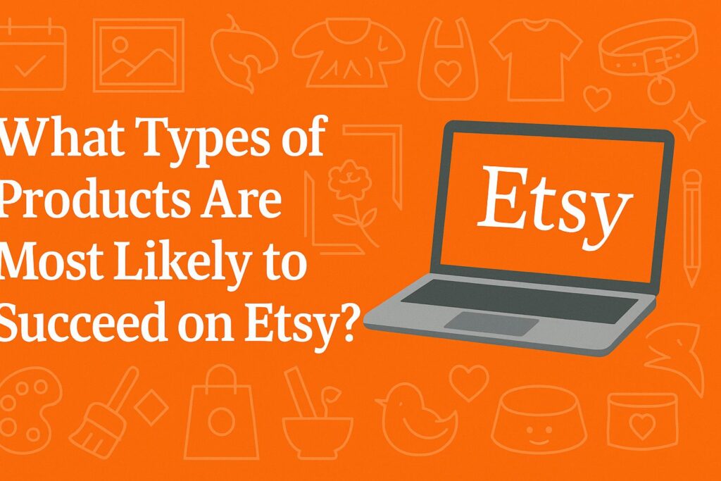 Etsy Seller Tips: 9 Best Categories to Succeed on Etsy - An eye-catching orange graphic with an Etsy logo on a laptop screen surrounded by icons of products like jewelry, mugs, t-shirts, and home decor, highlighting product ideas for Etsy sellers