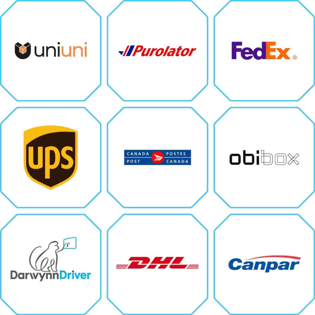 DarwynnShipper carrier comparison chart showing logos of leading logistics and courier companies like Canada Post, UPS, Purolator, FedEx, DHL, darwynndriver,Canpar, and more for e-commerce solutions.