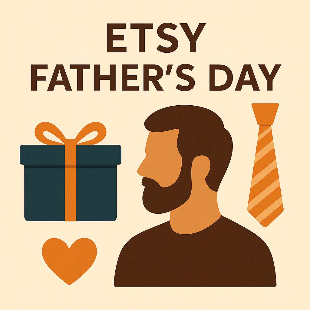 “Etsy Father’s Day Canada Guide promotional graphic featuring a father’s silhouette, a gift box, a heart, and an orange striped tie in a minimalist design.”